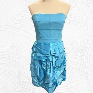 Cynthia Steffe 6 Sky Blue Ruffle Dress Strapless Tiered Satin Cocktail Party$345